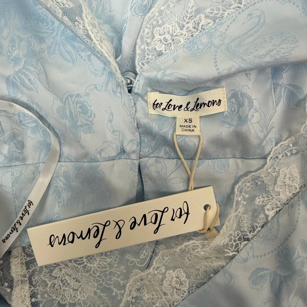 NWT For Love & Lemons Hattie Satin Slip Maxi Dress Blue Floral Lace Size XS - Picture 10 of 11